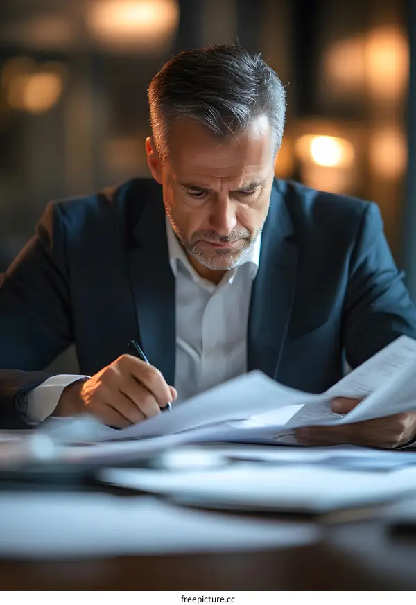 Businessman Working on Documents at Desk