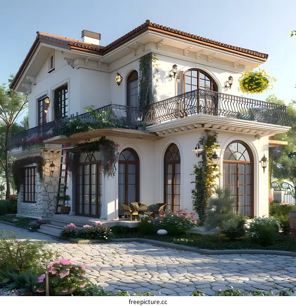 Beautiful White Two Story House with Balcony and Garden