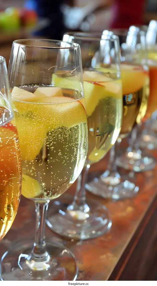 Close Up of Sparkling Wine Glasses with Apple Slices