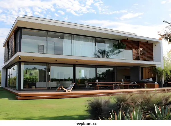 Modern Two Story House With Patio And Lawn