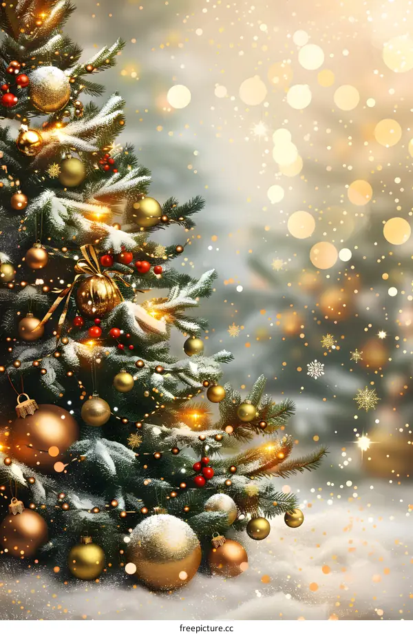 Christmas tree decorated with golden balls and red berries