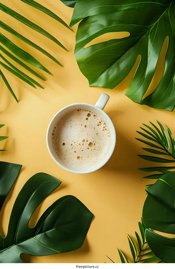Tropical Coffee Cup with Green Leaves