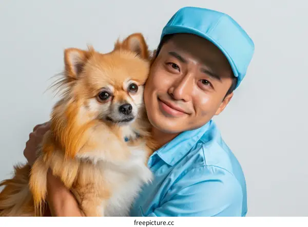 Asian man in blue uniform hugging a brown small dog