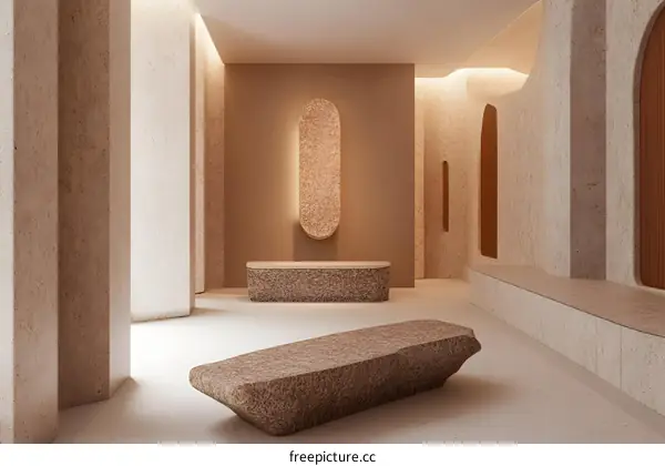 Minimalist Interior Design with Stone Walls and Benches