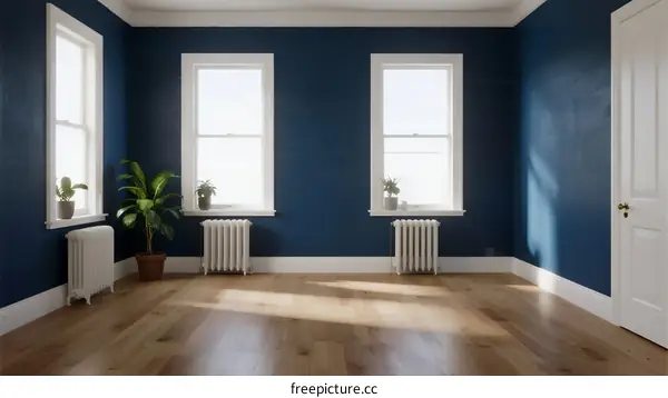 Bright and spacious room with blue walls and wooden floors