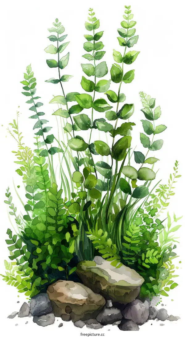 Watercolor botanical illustration of green plants and rocks