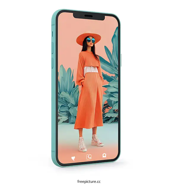 Woman in Orange Dress with Hat and Sunglasses on Phone Screen