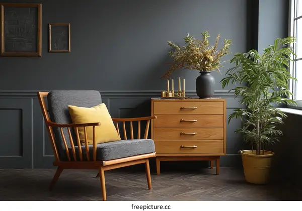 Mid-Century Modern Living Room with Dark Walls