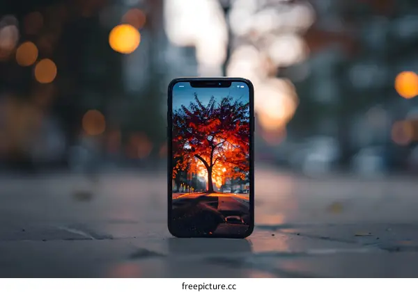 Smartphone Display Showing Sunset Tree