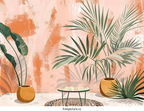 Tropical Plants and Wall with Orange Hues