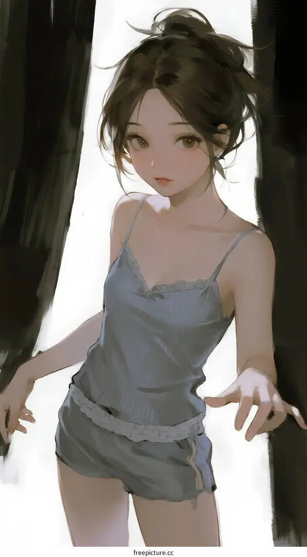 A Young Woman in Light Blue Lingerie Standing in a Room