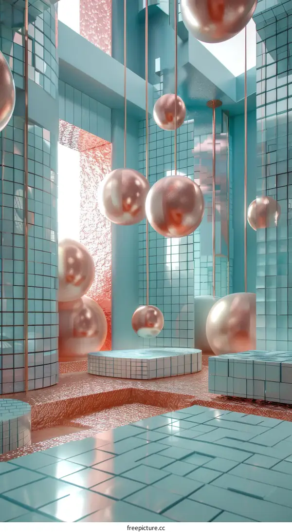 3d rendering of a blue and copper room with hanging spheres