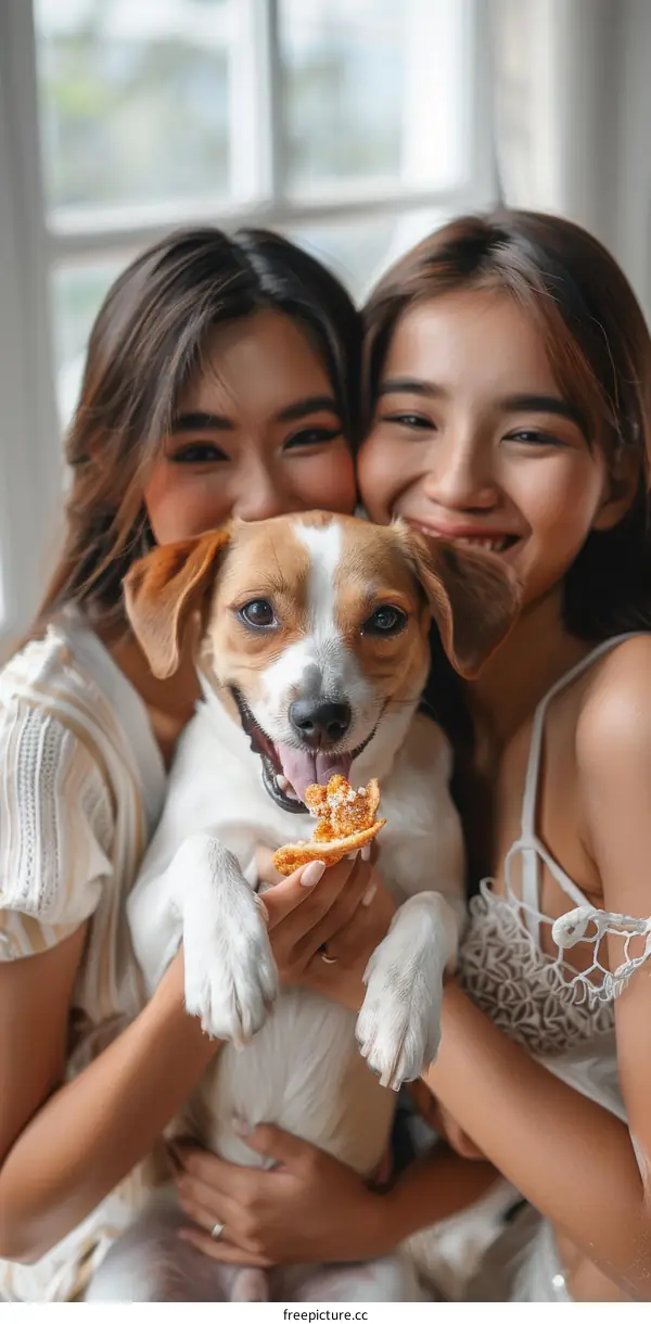 Two Asian women with a dog