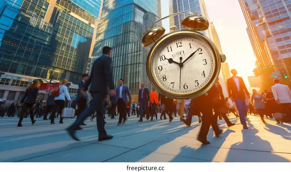 Business people walking in the city during rush hour with a clock in the foreground