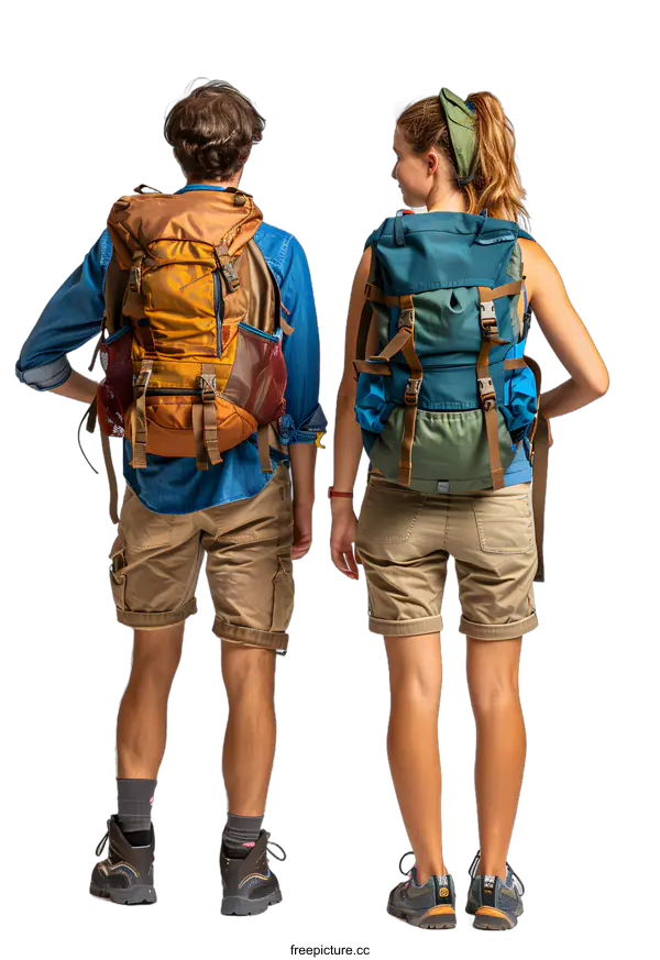 [Transparent Background PNG]Hikers with backpacks standing back to back