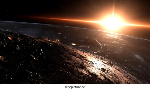 Alien Sunrise Over Rocky Planet