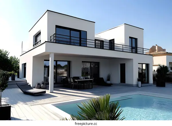 Modern White House with Swimming Pool and Patio