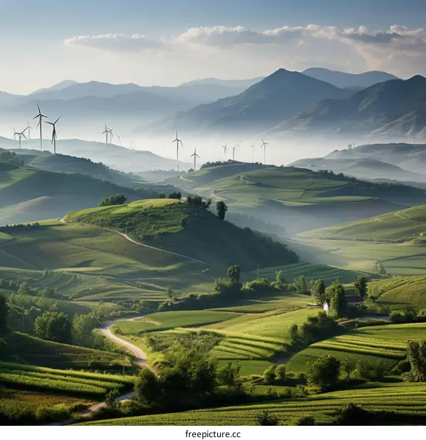 A verdant landscape with rolling hills and wind turbines