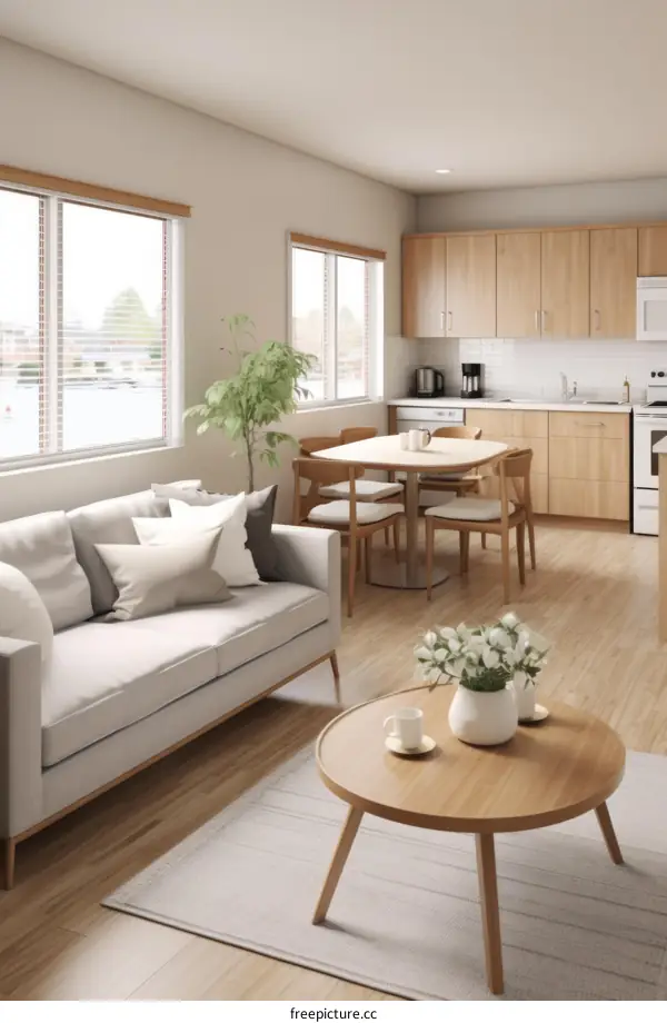 An illustration of a living room with white walls, wooden furniture, and a dining table