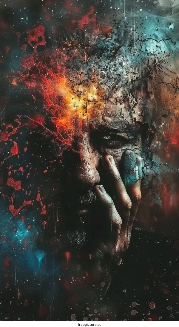 A depiction of a man with a beard holding his head in his hand with a colorful background