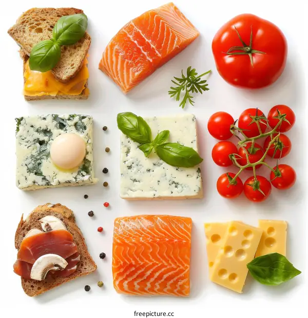 Various Appetizers with Italian Ingredients: Cheese, Salmon, Tomatoes, Basil, and Bread