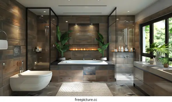 Stylish Brown Bathroom with Wooden Accents