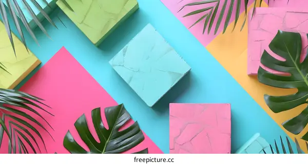 Abstract Minimalist Background with Tropical Leaves and Colorful Blocks