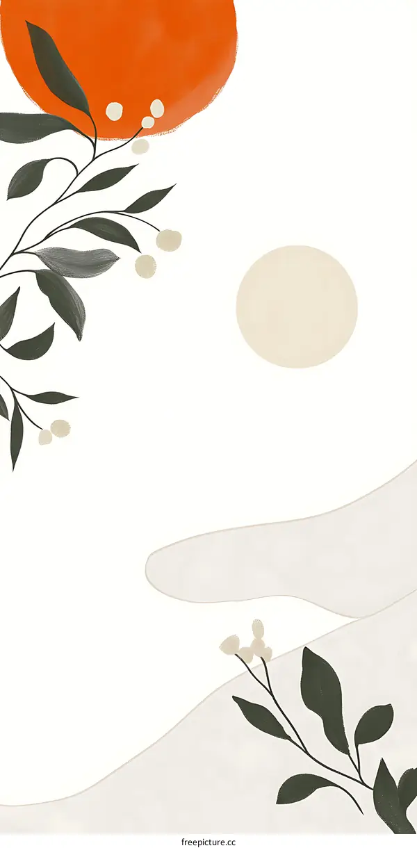 Abstract Minimalist Art Print with Leaves and Circles