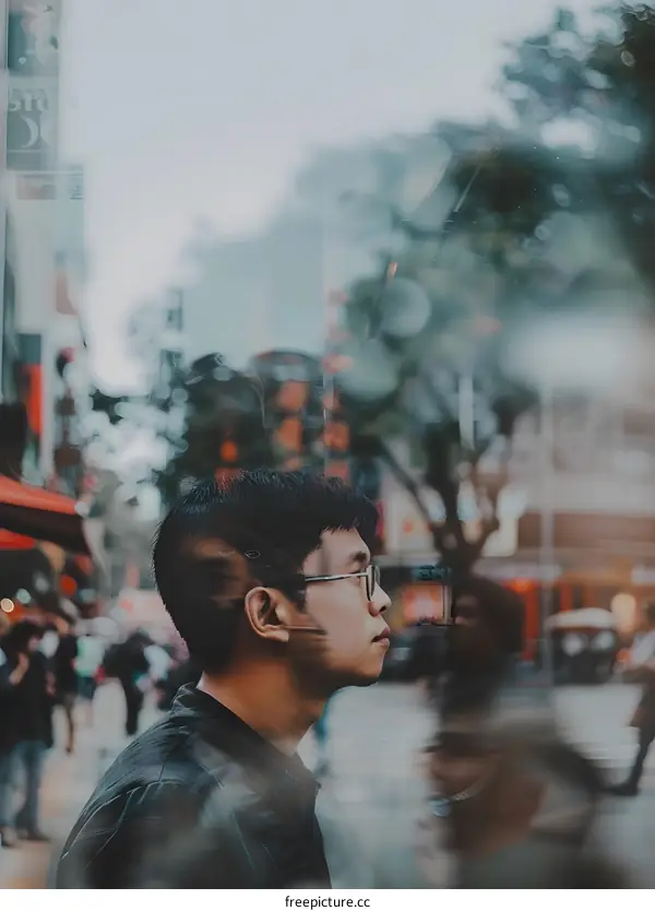 Man in Glasses Looking Out a Window in City