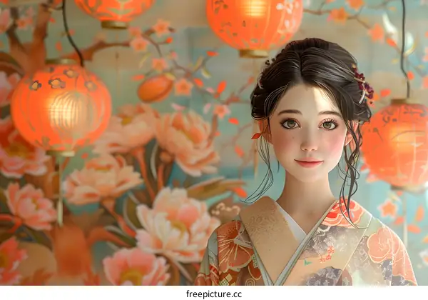 Asian Woman in Traditional Dress with Red Lanterns