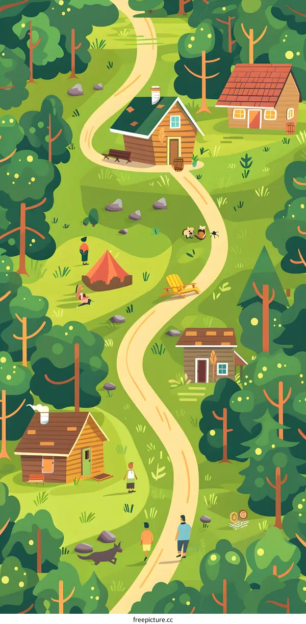 Family Camping Trip In The Woods With Winding Path