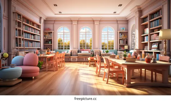 Cozy pink library with large windows