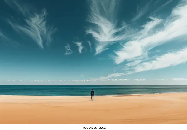 Man standing alone on a vast beach looking out at the endless ocean