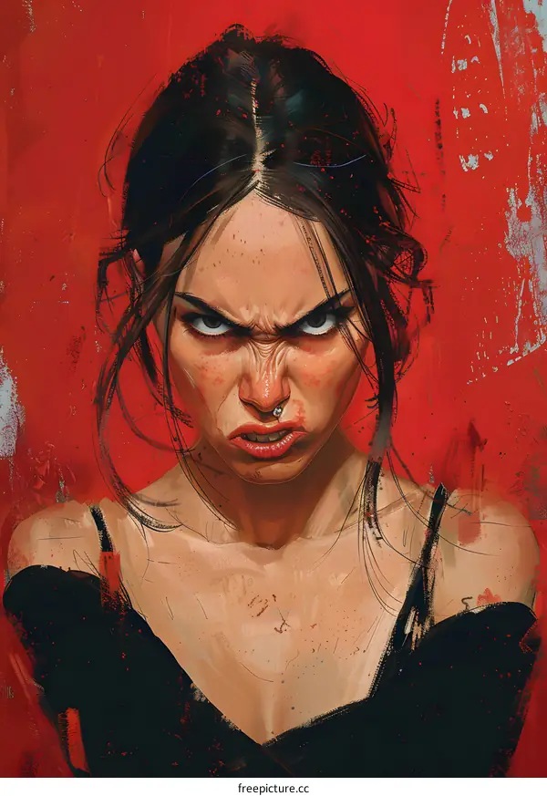Angry Woman Portrait with Red Background