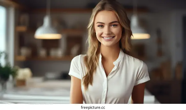 portrait of a beautiful young woman with blonde hair and blue eyes smiling in a kitchen