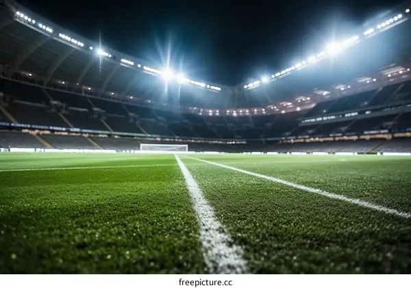 An empty soccer stadium at night with the lights on