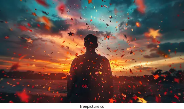 Man standing alone in a field of stars