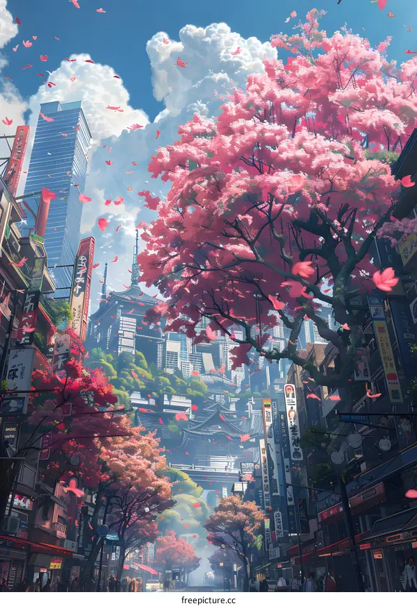 A beautiful street in Japan with cherry blossoms