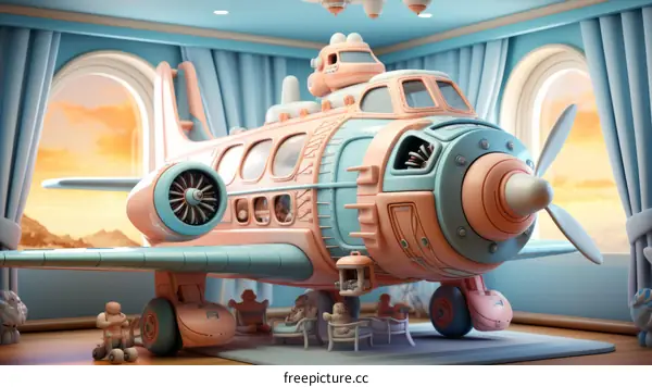 A pink and blue toy plane in a child's bedroom