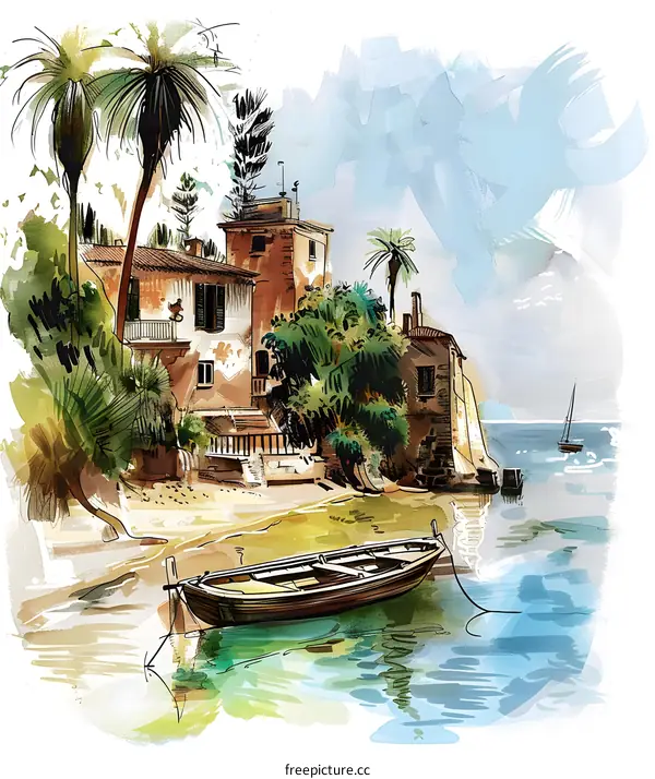Watercolor Painting Of Seaside Town With Boat