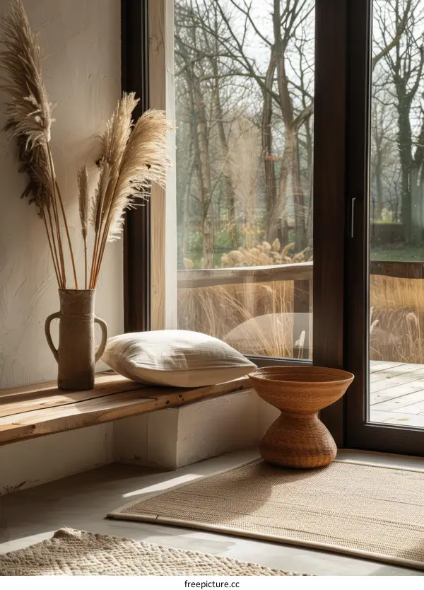 Modern interior design living room with large windows and natural materials