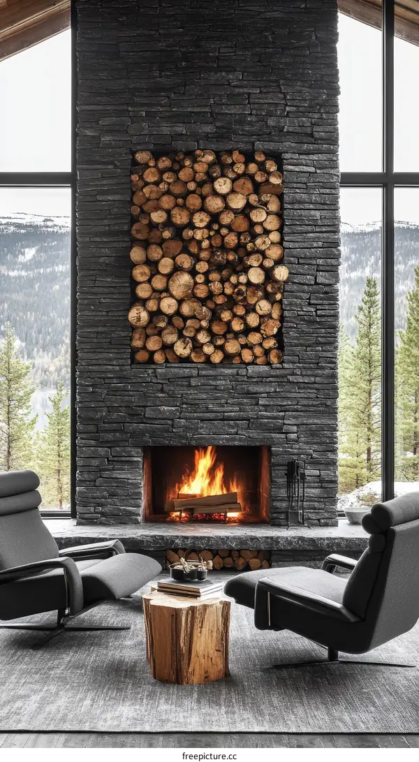 Modern Rustic Living Room with Fireplace and Wood Stack