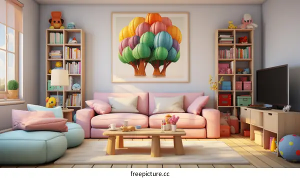 Cozy Living Room with Pink Sofa and Blue Armchair