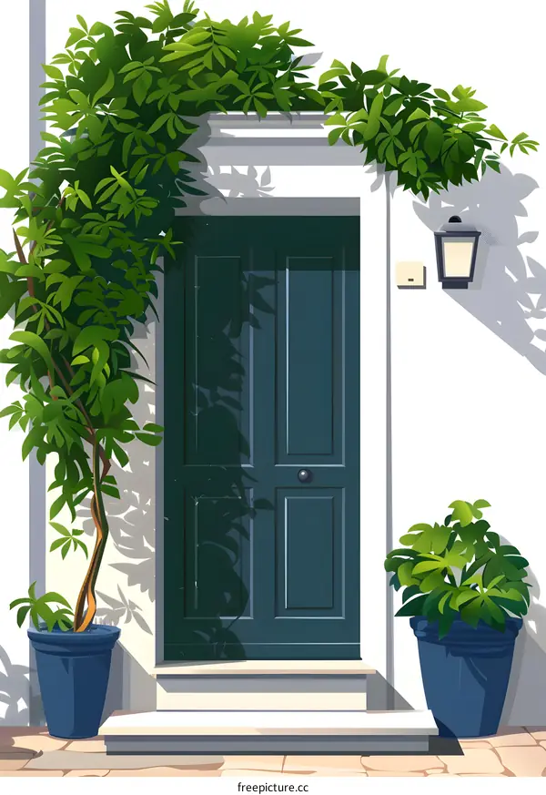 Green Door With Plants And White Wall