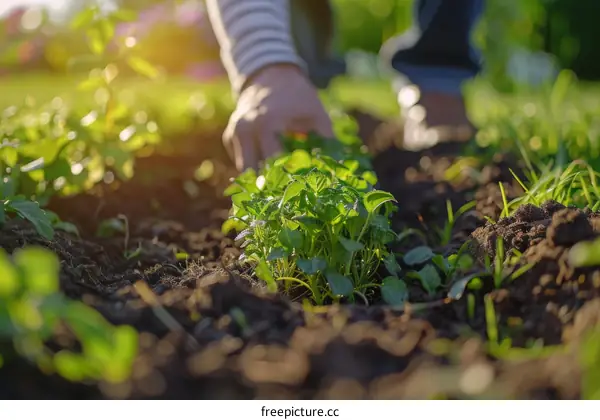 A woman is planting seedlings in the garden