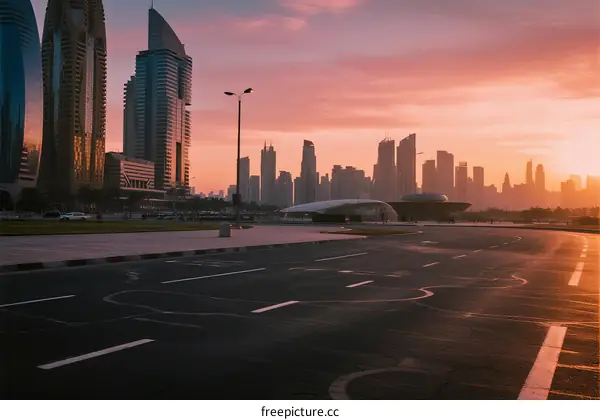 Sunset view of modern city skyline with empty road in foreground