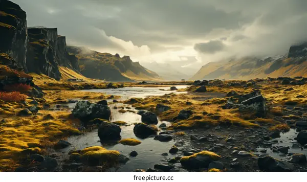 Icelandic River Valley Under a Dramatic Cloudy Sky