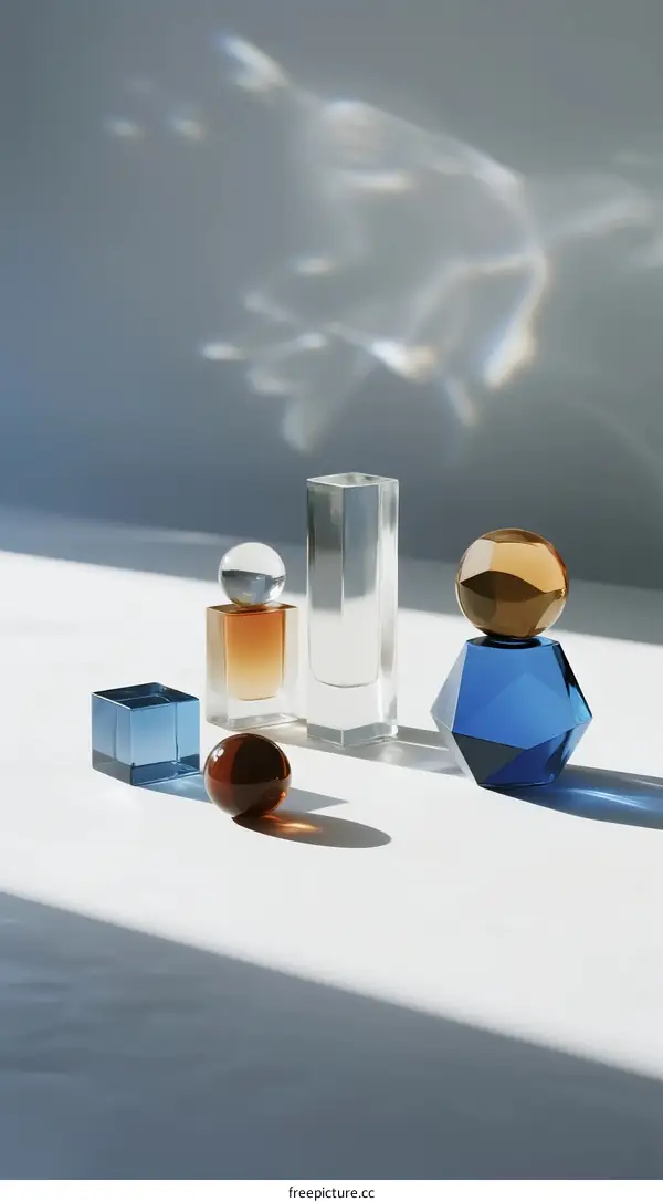 Transparent Glass Objects with Colorful Elements on White Background