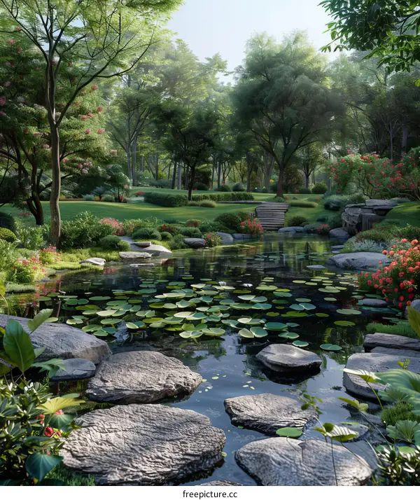 Nature's Tranquility: A Serene Pond Adorned with Blooming Water Lilies