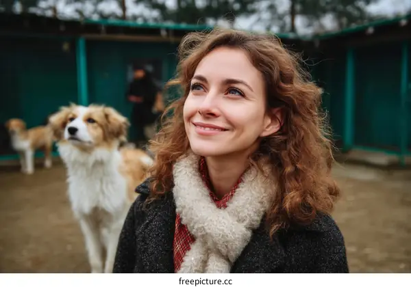 Woman looking up at dogs at animal shelter